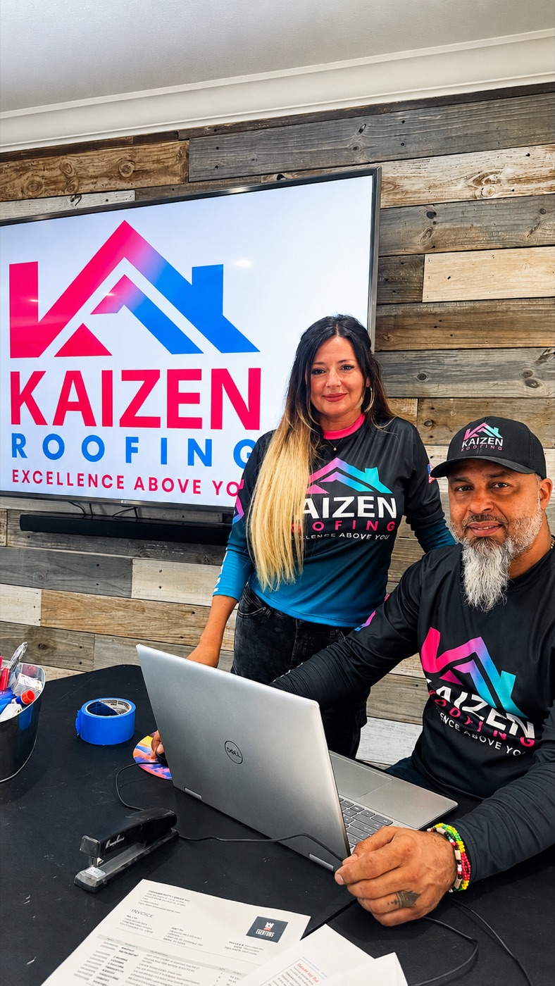 Sheila and Leo, owners of Kaizen Roofing, at the office in Cutler Bay, FL