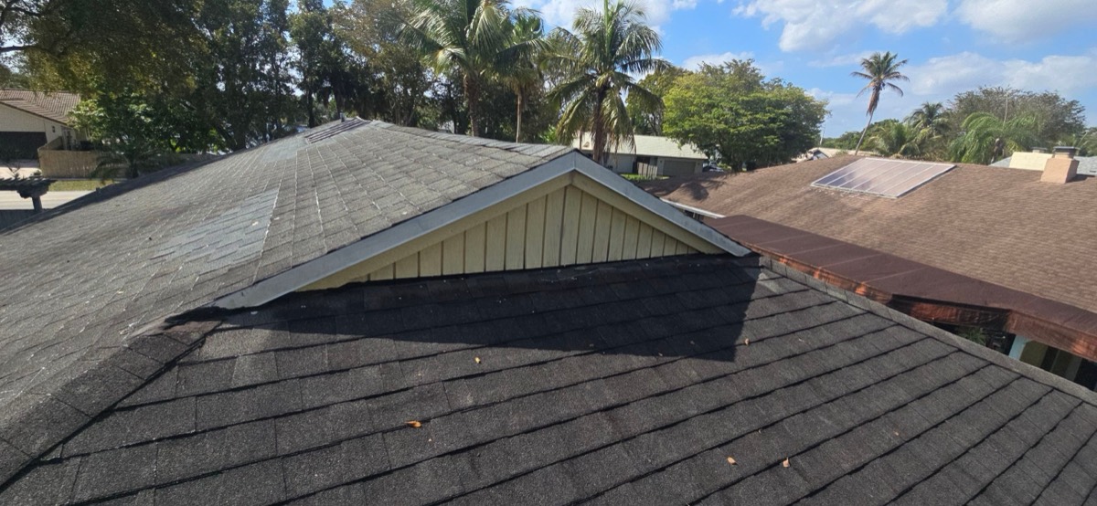 Roofing professional inspecting ridge and shingle condition in Cutler Bay