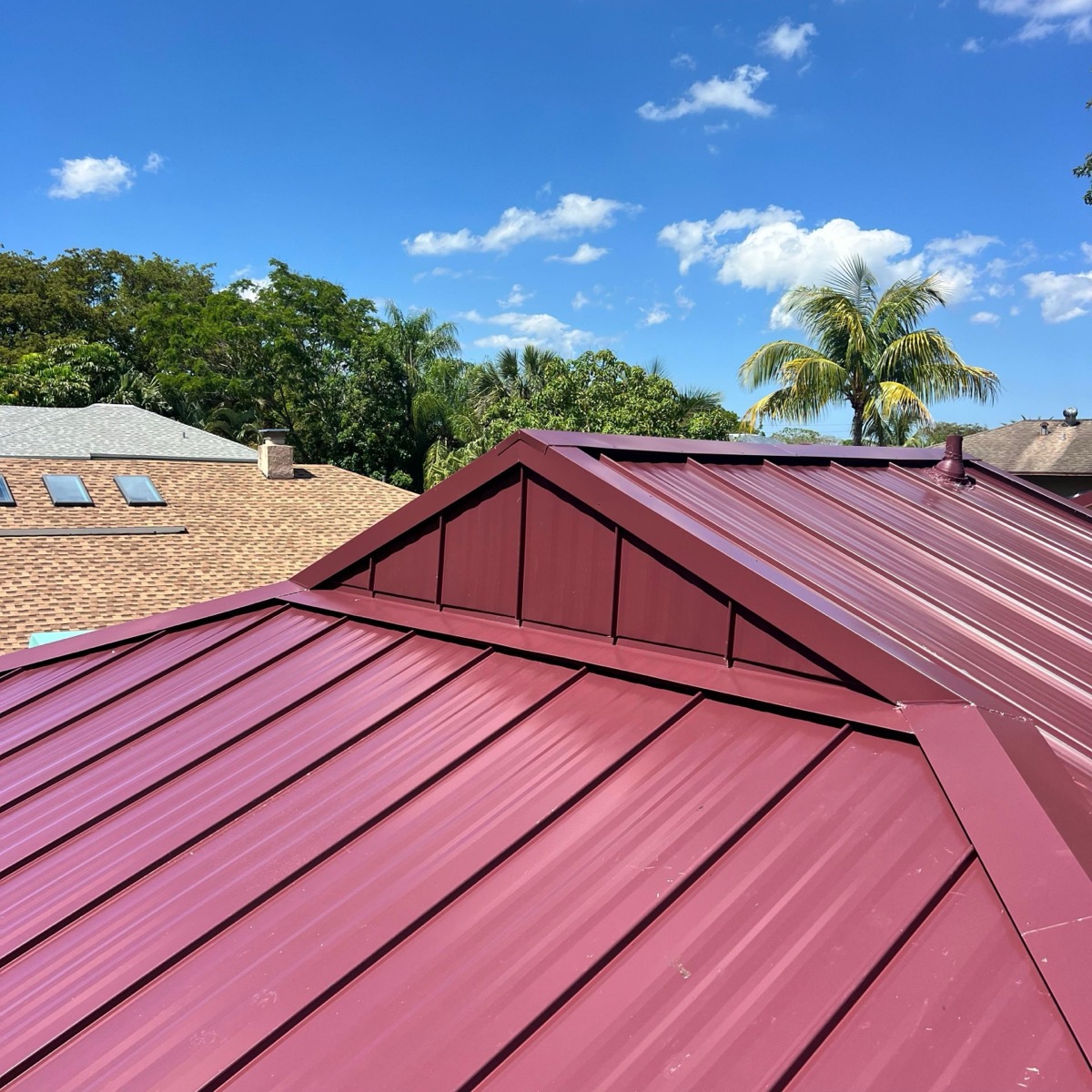 Finished standing seam metal roof detail and trim, Miami-Dade